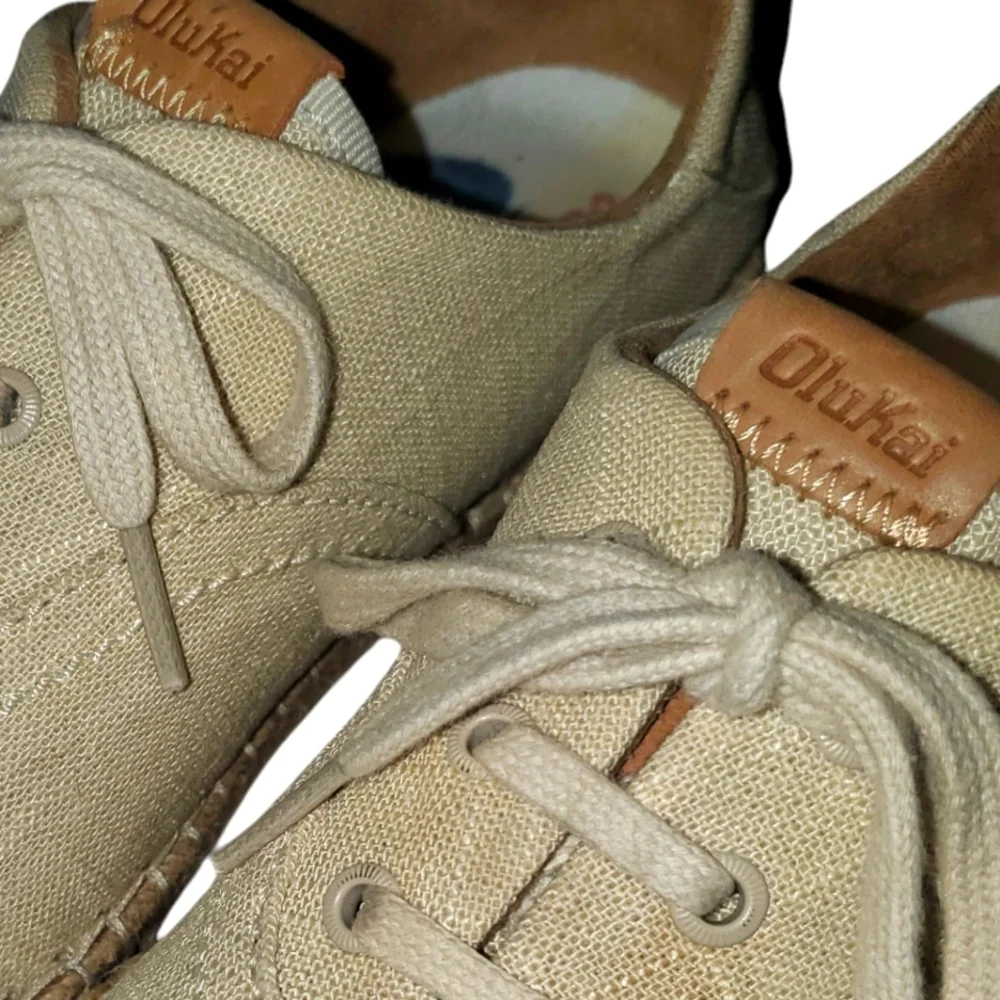 OLUKAI Kaula Pa'a Li Cream Linen LaceUp Boho Minimalist‎ Espadrille Flats Size 7